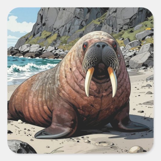 Walrus on a Sandy Beach | Cute Animals Vierkante Sticker (Voorkant)