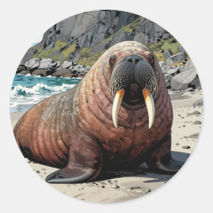 Walrus op een zandstrand    Mooie Dieren Ronde Sticker