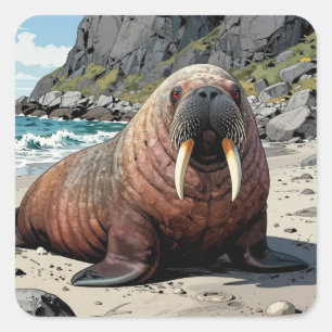 Walrus op een zandstrand    Schattige Dieren Vierkante Sticker