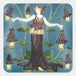 Walter Crane Columbine Art Nouveau Paarse Bloem Vierkante Sticker