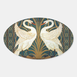 Walter Crane Swan, Rush en Iris Art Nouveau Ovale Sticker