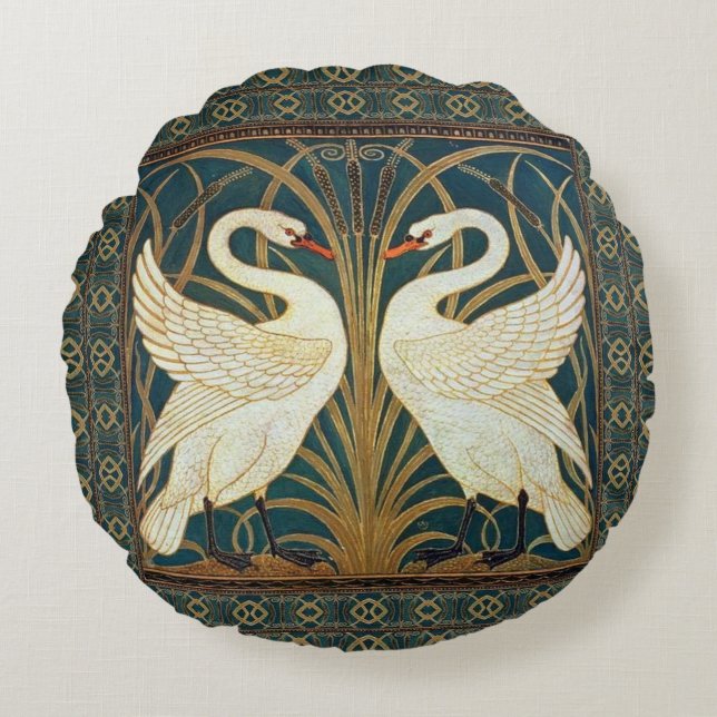 Walter Crane Swan, Rush en Iris Art Nouveau Rond Kussen (Voorkant)