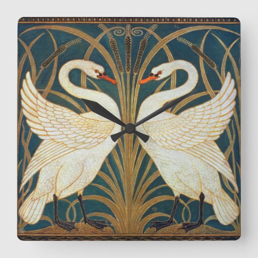 Walter Crane Swan, Rush en Iris Art Nouveau Vierkante Klok (Voorkant)