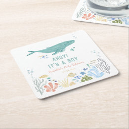 Walvis Ahoy Het is een jongen Baby shower Vierkante Kartonnen Onderzetter