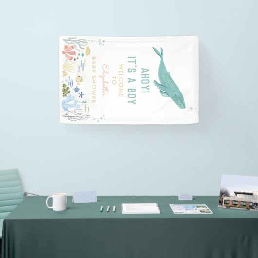 Walvis Ahoy! Het is een jongen Baby shower welkom Spandoek (Beurs)