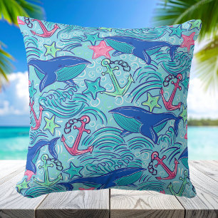 Walvis Anker Zeester Kust / Preppy Maritiem Kussen