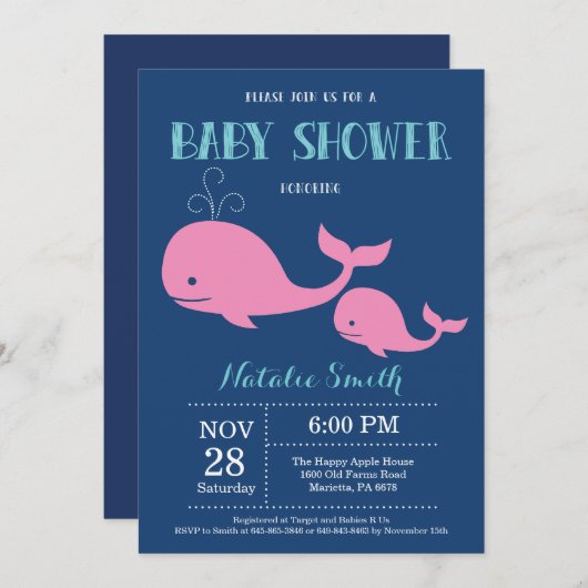Walvis Baby shower Uitnodiging Navy Blue.Nautical (Voorkant / Achterkant)