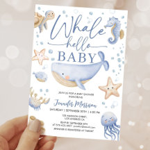 Walvis Babyfeest Jongen Cute Blauwe Oceaan Uitnodi