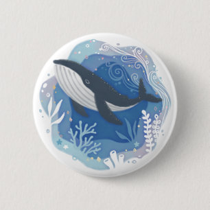 Walvis en koralen in Ocean Paper Art Illustratie Ronde Button 5,7 Cm