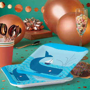Walvis en zeilboot Oceaans blauw zee Papieren Bordje