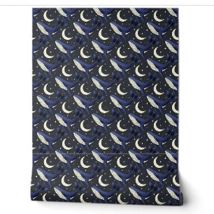 Walvis in de sterren met de maan op donkerblauw behang
