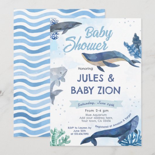 Walvis - onder het Zee Baby shower Invitation Kaart (Voorkant / Achterkant)