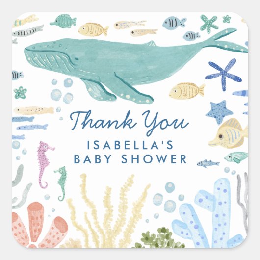 Walvis onder het Zee Baby shower Vierkante Sticker (Voorkant)