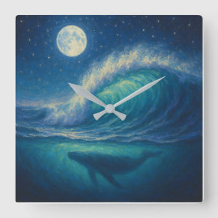 Walvis onder maanverlichte golf - Pastel schilders Vierkante Klok