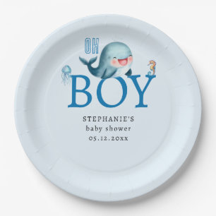 Walvis onder Zee Waterverf Jongen Baby shower Blau Papieren Bordje