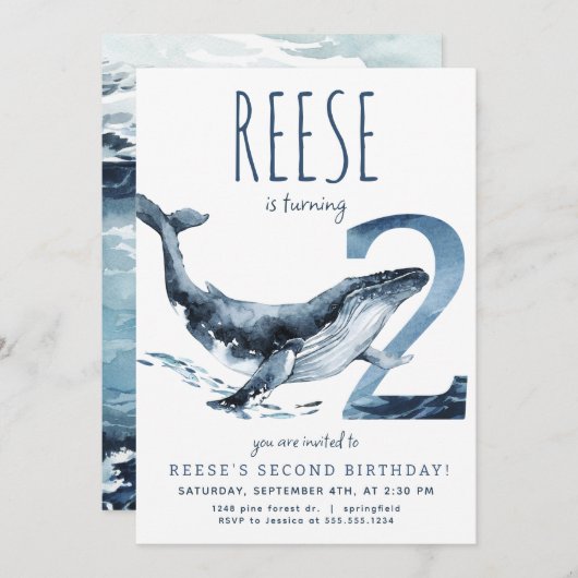Walvis tweede verjaardag uitnodiging (Voorkant / Achterkant)