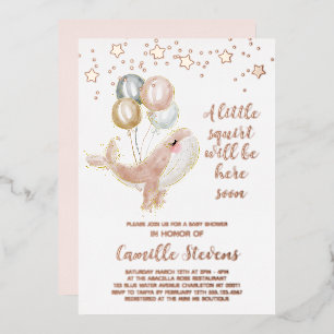 Walvis watercolor baby shower meisje folie uitnodiging
