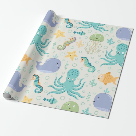 Walvispatroon onder de zee cadeaupapier (Uitgerold)