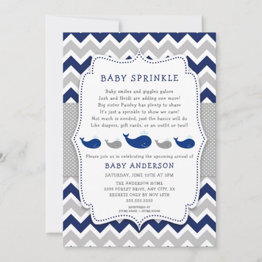 Walvissen Navy Grey baby bestrooi uitnodiging (Voorkant)