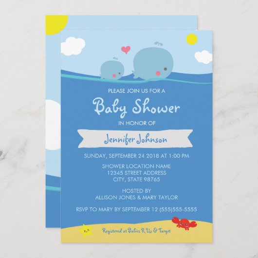 Walvissen onder het Zee Baby shower / Sprinkle Inv Kaart (Voorkant / Achterkant)