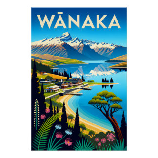 Wānaka Nieuw-Zeeland Retro Reisposter Kunst Perfect Poster