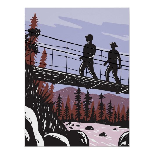 Wandelaars op Wawona Swinging Bridge in Yosemite W Perfect Poster (Voorkant)