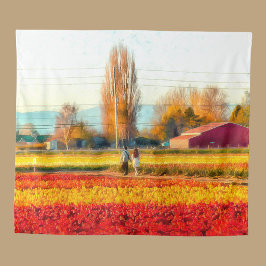 Wandelen door gouden en rode tulpenvelden wandkleed