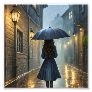 Wandelen in de regen foto afdruk