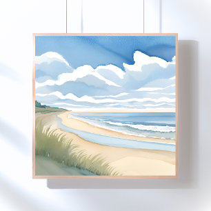 Wandeling langs het strand   Kust oceaan aquarel Poster