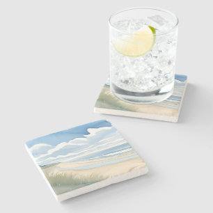 Wandeling langs het strand   Waterverfschilderij v Stenen Onderzetter