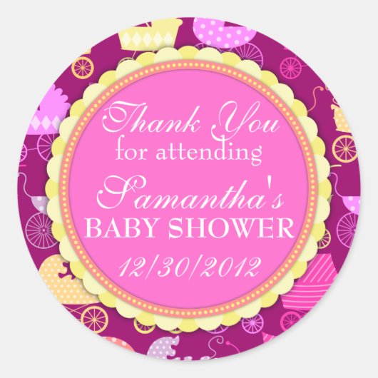 Wandelwagen Chic (Girly) Baby shower Ronde Sticker (Voorkant)