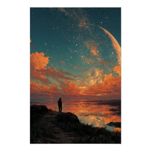 Wanderer Under Giant Crescent Moon Perfect Poster (Voorkant)