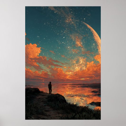 Wanderer Under Giant Crescent Moon Poster (Voorkant)