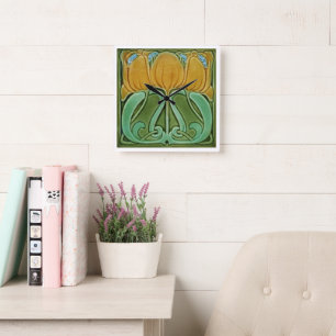 Wandklok - Art Nouveau Bloem Geel Vierkante Klok