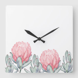 Wandklok met charmante, delicate bloemen. vierkante klok
