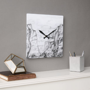 Wandklok met in zwart-wit geschetste canyon vierkante klok