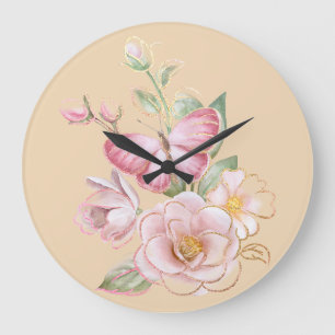 wandklok met vlinder en roze bloemen grote klok