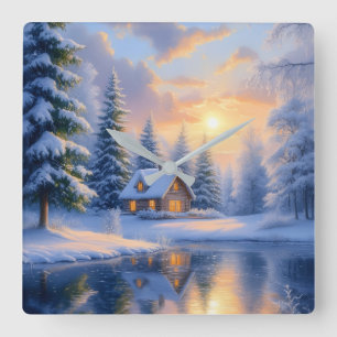 Wandklok met winterhut bij zonsondergang vierkante klok