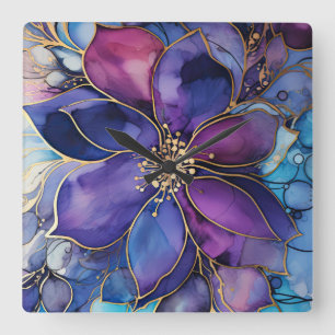 Wandklok - Paarsblauwe Bloemen Goud Vierkante Klok