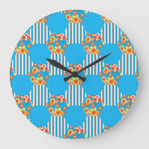 Wandklok, Sinaasappel Bloemen en Polkas Patchwork Grote Klok