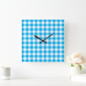 Wandklok, Turquoise blauw en wit Check Gingham Vierkante Klok (Huis)