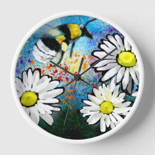 Wandklok - Whimsical Bumble Bee & Daisies