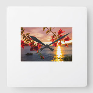 Wandklok Zonsondergang & Bloemen – Elegant Vierkante Klok