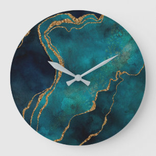 Wandklokken - Blauwe en Teal Marmer Met Gouden Ade Grote Klok