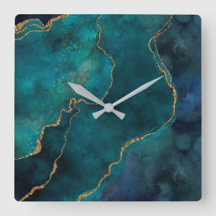 Wandklokken - Blauwe en Teal Marmer Met Gouden Ade Vierkante Klok
