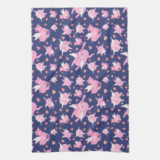 wanneer varkens lichtroze W/hart vliegen Theedoek (Verticaal)