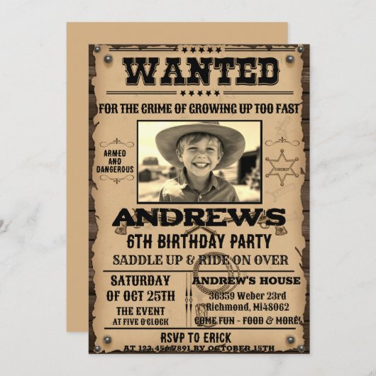 Wanted Poster Western Cowboy with Photo Birthday Kaart (Voorkant / Achterkant)