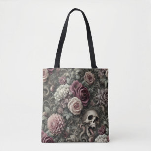 Wapen in de Rozen - Gotische Schedel & Bloemen Draagtas