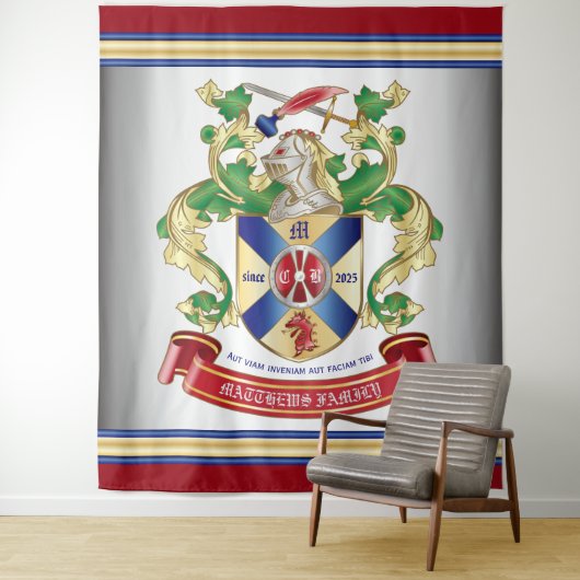 Wapenmantel Silver Knight Shield Dragon Monogram Wandkleed (In situ)