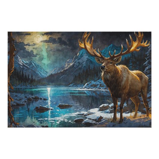 Wapiti (Elk) & Winterverlichting Perfect Poster (Voorkant)